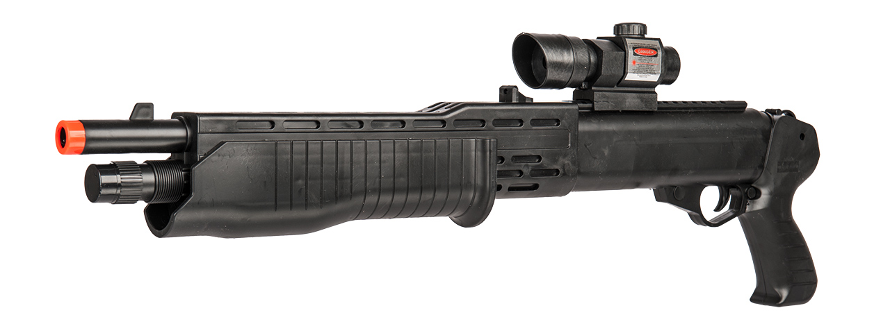 UK Arms P2302 Pump Action Airsoft Shotgun w/ Mock Laser Scope (Color: Black) - Click Image to Close