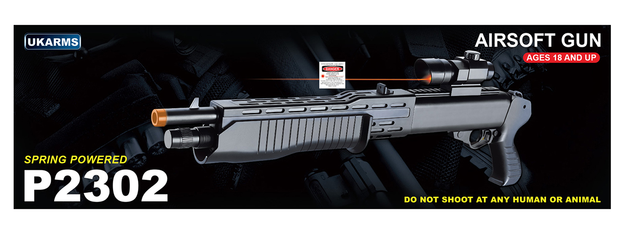 UK Arms P2302 Pump Action Airsoft Shotgun w/ Mock Laser Scope (Color: Black) - Click Image to Close