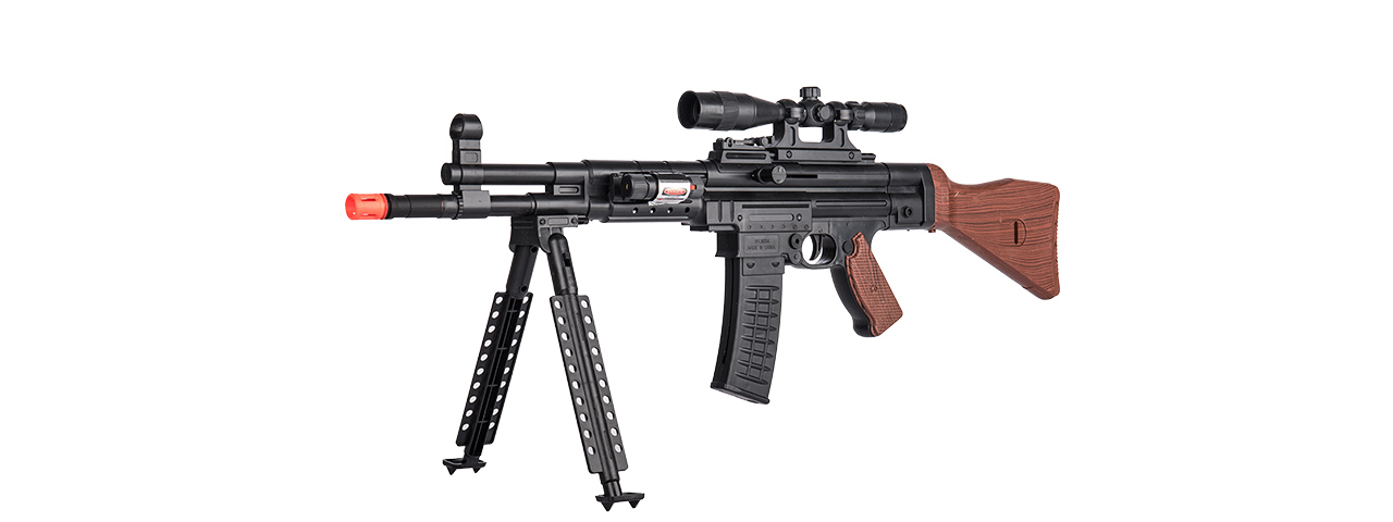AMA MP44 Spring Airsoft Rifle w/ Bipod, Scope, Laser (Color: Black / Faux Wood) - Click Image to Close