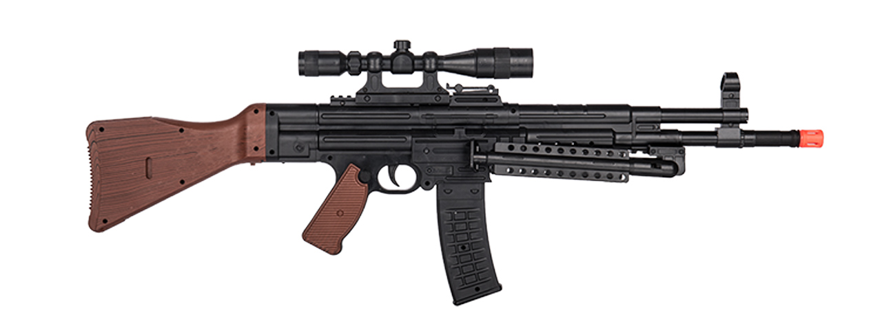 AMA MP44 Spring Airsoft Rifle w/ Bipod, Scope, Laser (Color: Black / Faux Wood) - Click Image to Close