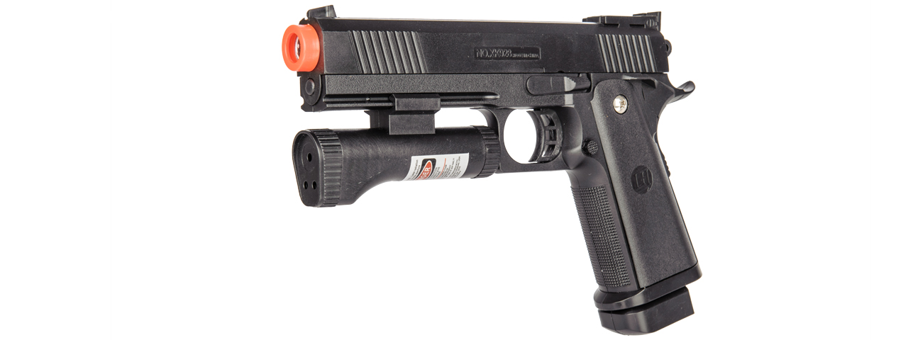 UKARMS XK928A SPRING PISTOL (BK) w/ LASER, BLUE&GREEN LED - Click Image to Close