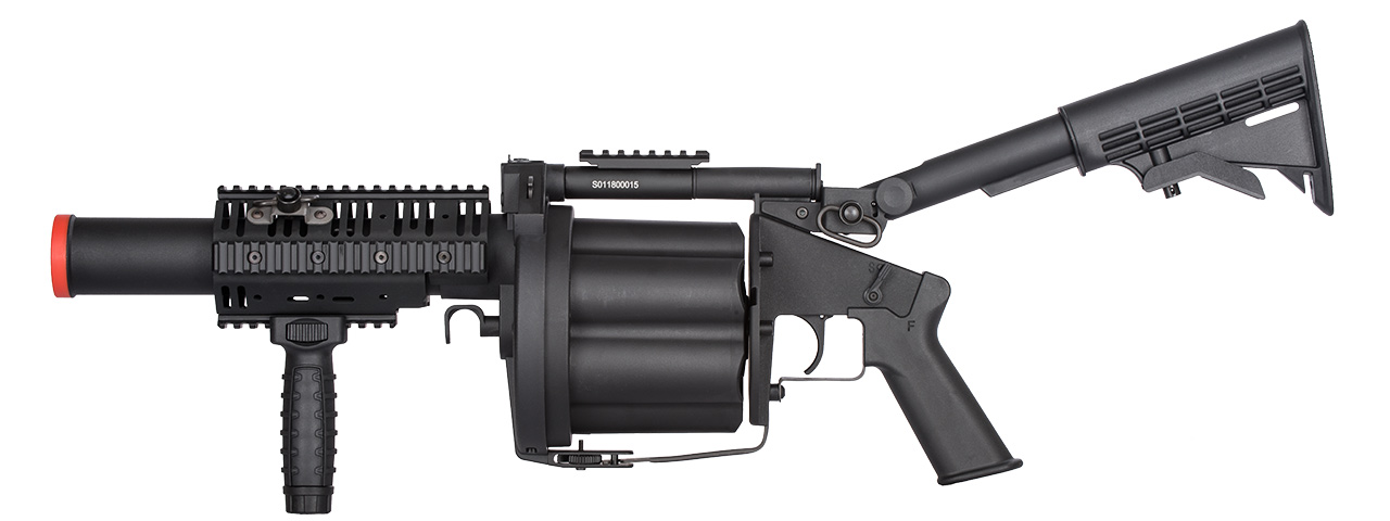 ICS MGL Long Barrel Airsoft 6-Round Revolving Grenade Launcher w/ Rail Attachment System (Color: Black) - Click Image to Close