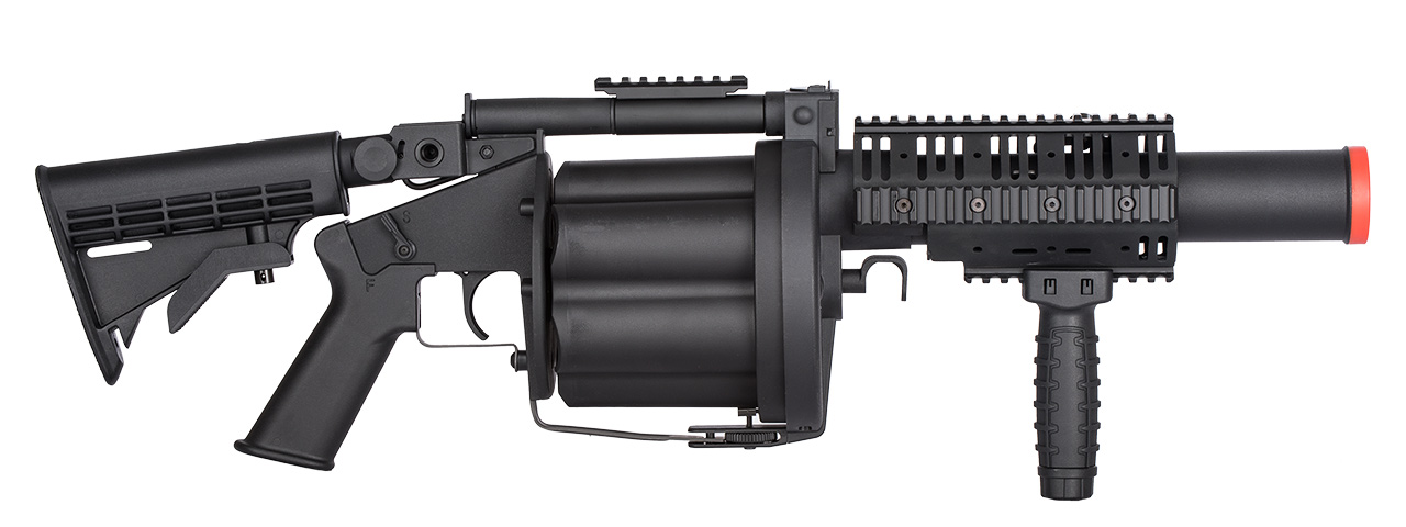 ICS MGL Long Barrel Airsoft 6-Round Revolving Grenade Launcher w/ Rail Attachment System (Color: Black) - Click Image to Close