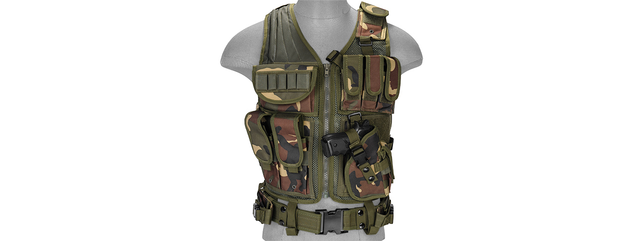 CA-310WN 1000D NYLON CROSS DRAW VEST W/ HOLSTER (WOODLAND) - Click Image to Close