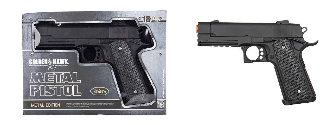 GOLDEN HAWK ZINC M1911 TACTICAL SPRING AIRSOFT PISTOL - BLACK