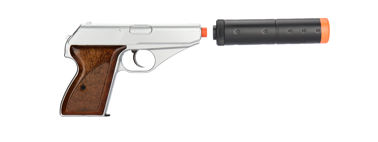 HFC HG-106B GAS POWERED PISTOL W/ MOCK SUPPRESSOR (SILVER) - Click Image to Close
