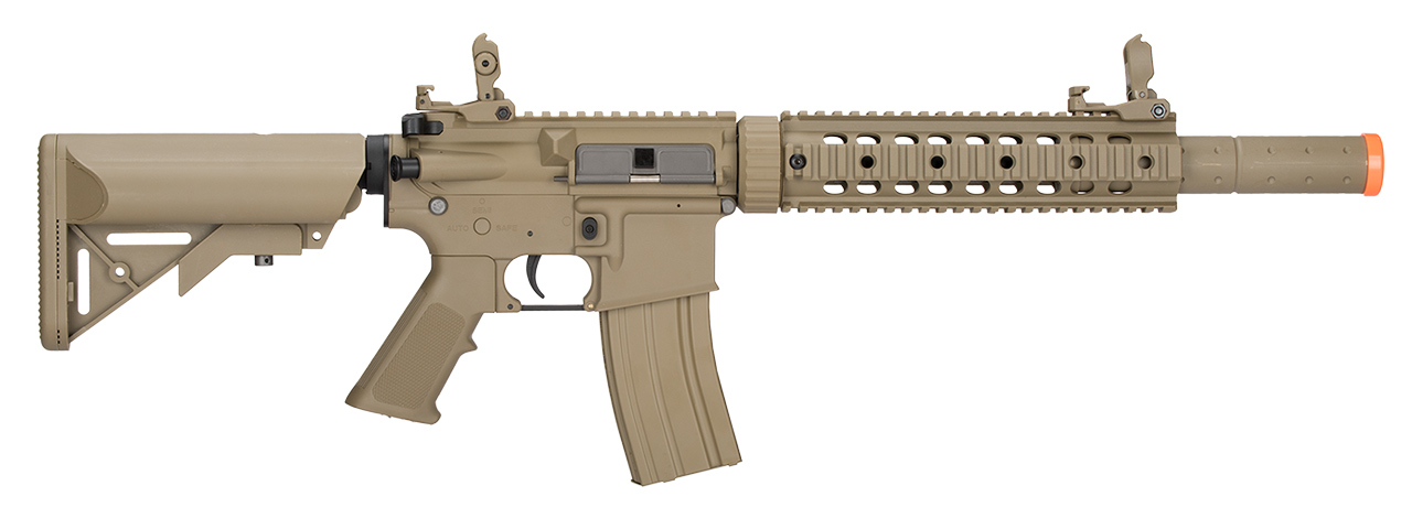 Lancer Tactical Low FPS Gen 2 10" M4 SD Carbine Airsoft AEG Rifle with Mock Suppressor (Color: Tan)