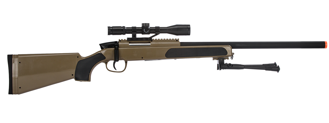 CYMA MK51 Bolt Action Airsoft Spring Sniper Rifle w/ Scope & Bipod (Color: Tan) - Click Image to Close