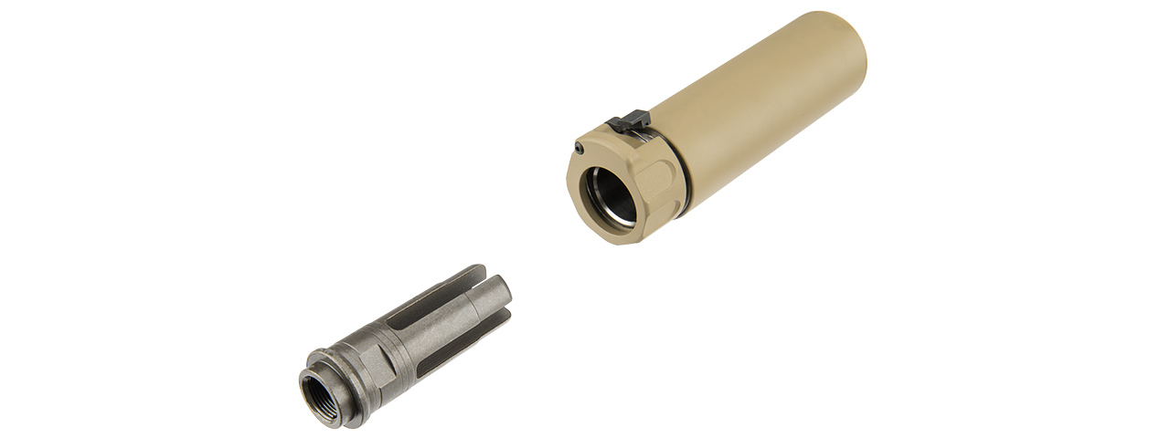 ATLAS CUSTOM WORKS FULL METAL SOCOM QD 5.3" BARREL EXTENSION W/ FLASH HIDER [MINI2] (TAN) - Click Image to Close