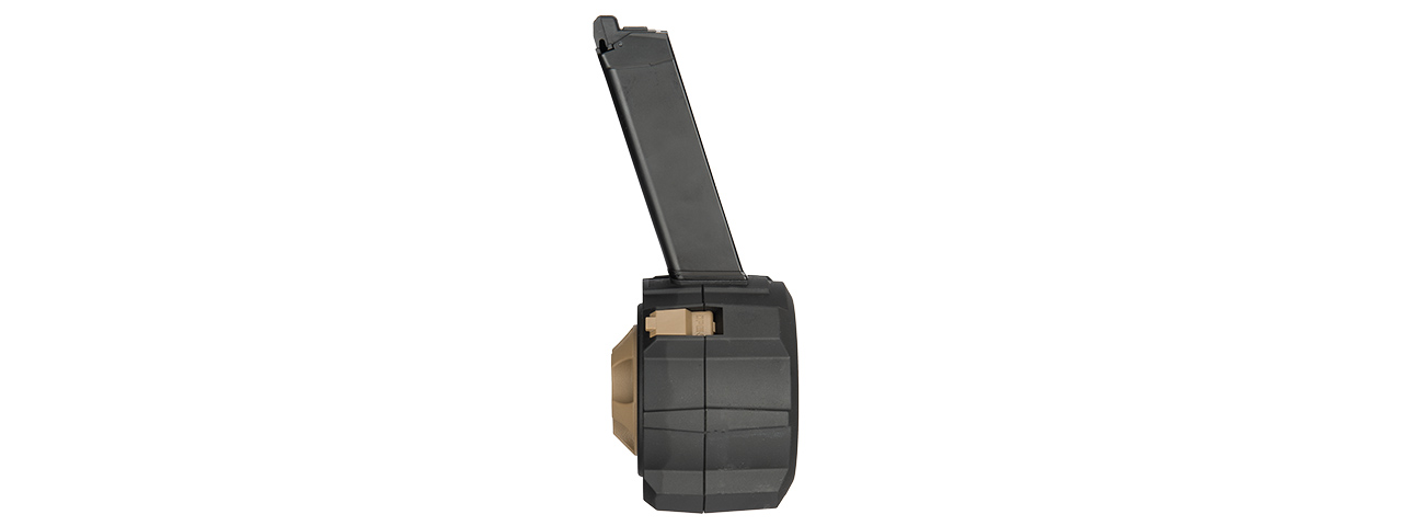 HFC 145 Round Drum Magazine for G-Series Gas Blowback Pistols (Color: Black / Brown) - Click Image to Close