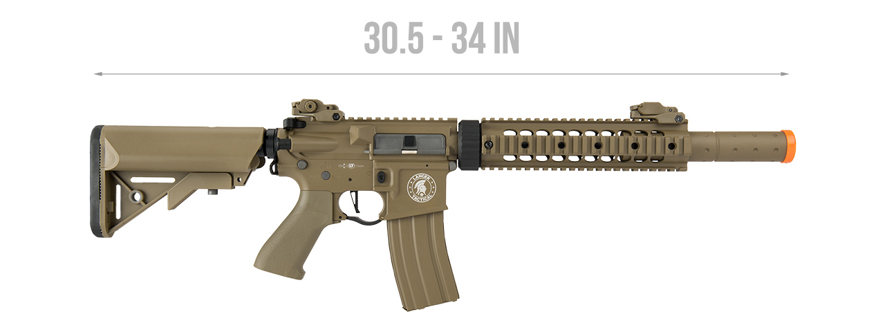 Lancer Tactical Low FPS Proline Gen 2 10" M4 Carbine Airsoft AEG Rifle with Mock Suppressor (Color: Tan) - Click Image to Close