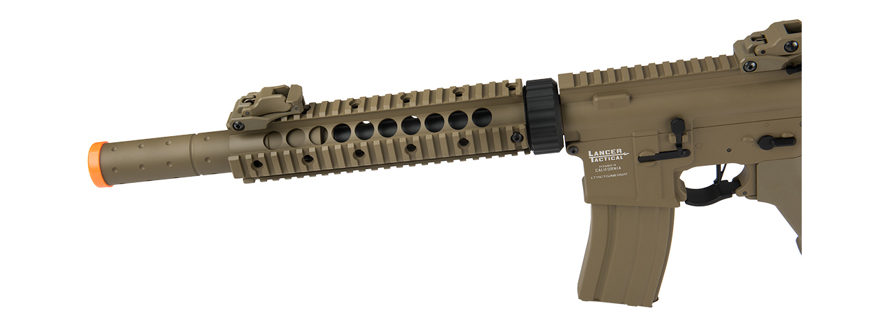 Lancer Tactical Low FPS Proline Gen 2 10" M4 Carbine Airsoft AEG Rifle with Mock Suppressor (Color: Tan) - Click Image to Close