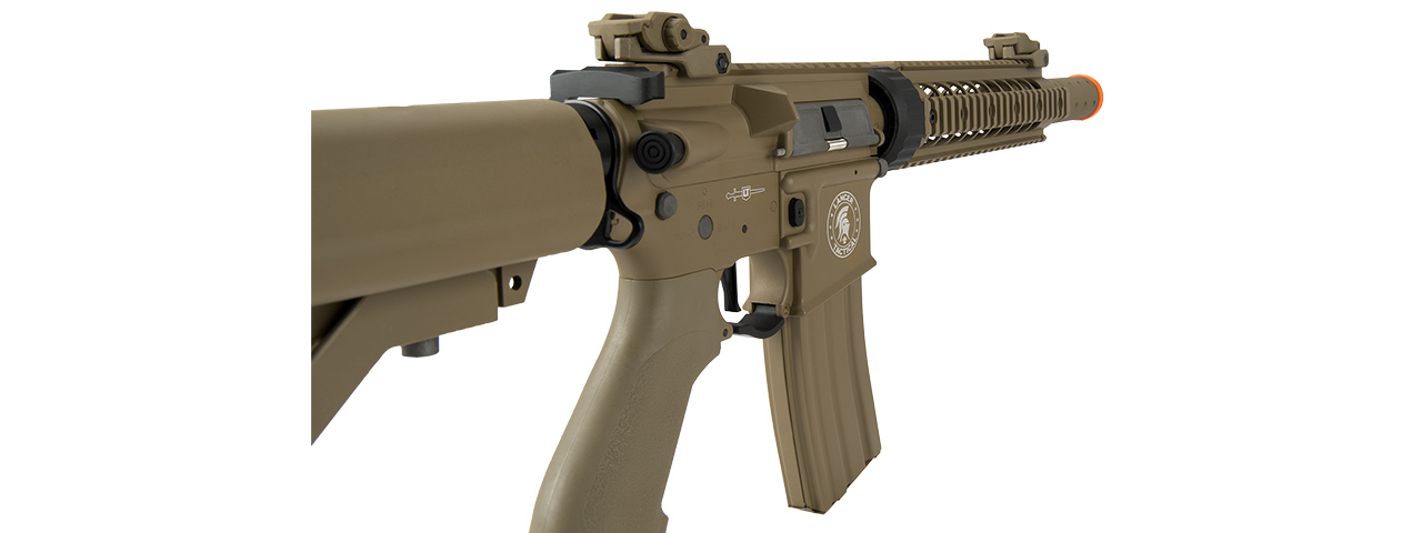 Lancer Tactical Low FPS Proline Gen 2 10" M4 Carbine Airsoft AEG Rifle with Mock Suppressor (Color: Tan) - Click Image to Close