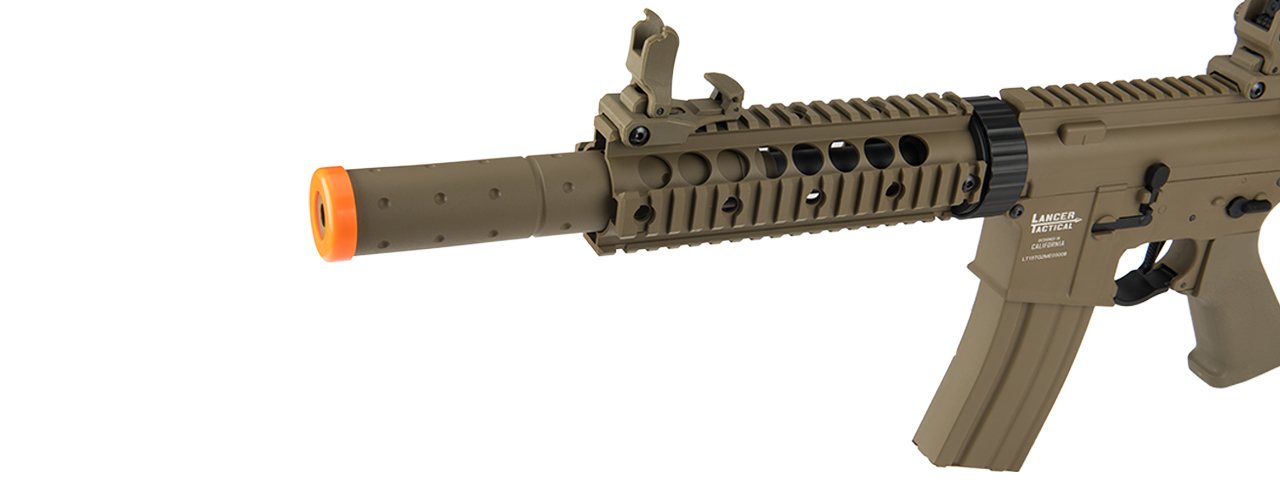 Lancer Tactical Low FPS Proline Gen 2 7" M4 Carbine Airsoft AEG Rifle with Mock Suppressor (Color: Tan) - Click Image to Close