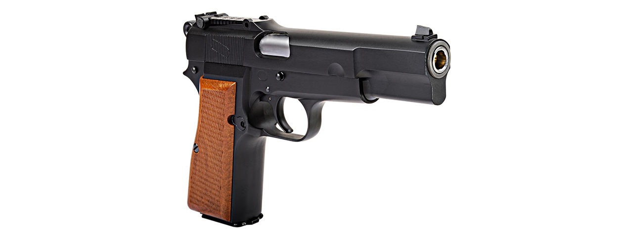 WE Tech Browning Hi-Power Blowback Airsoft Pistol (BLACK/WOOD) - Click Image to Close