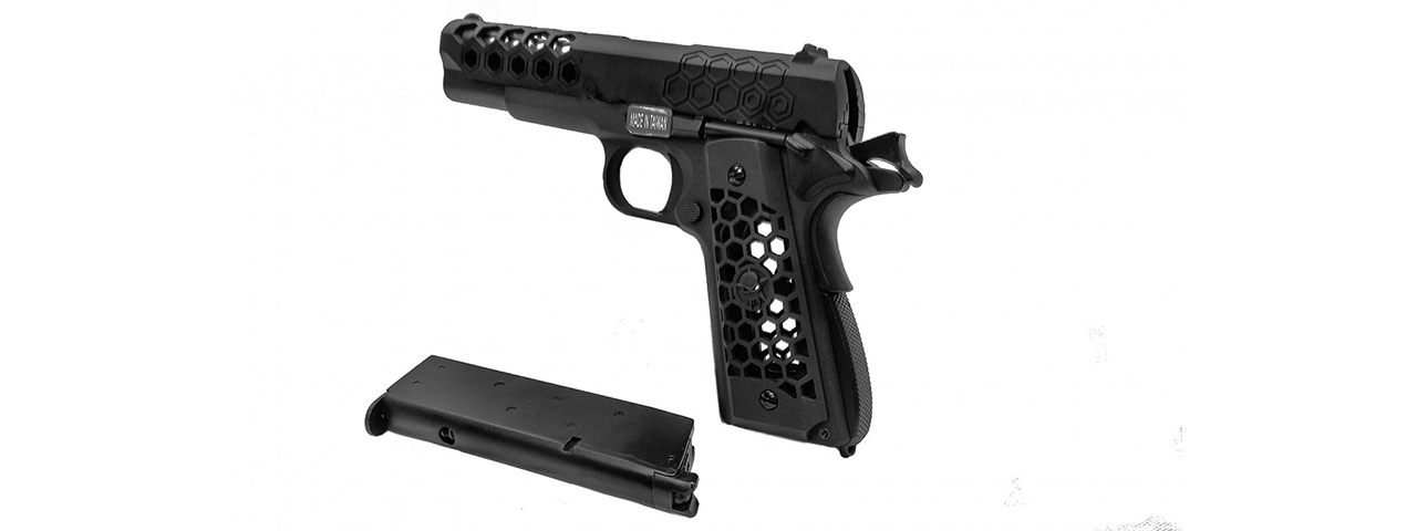 WE Tech 1911 Hex Cut Gen. 2 Gas Blowback Airsoft Pistol (BLACK) - Click Image to Close