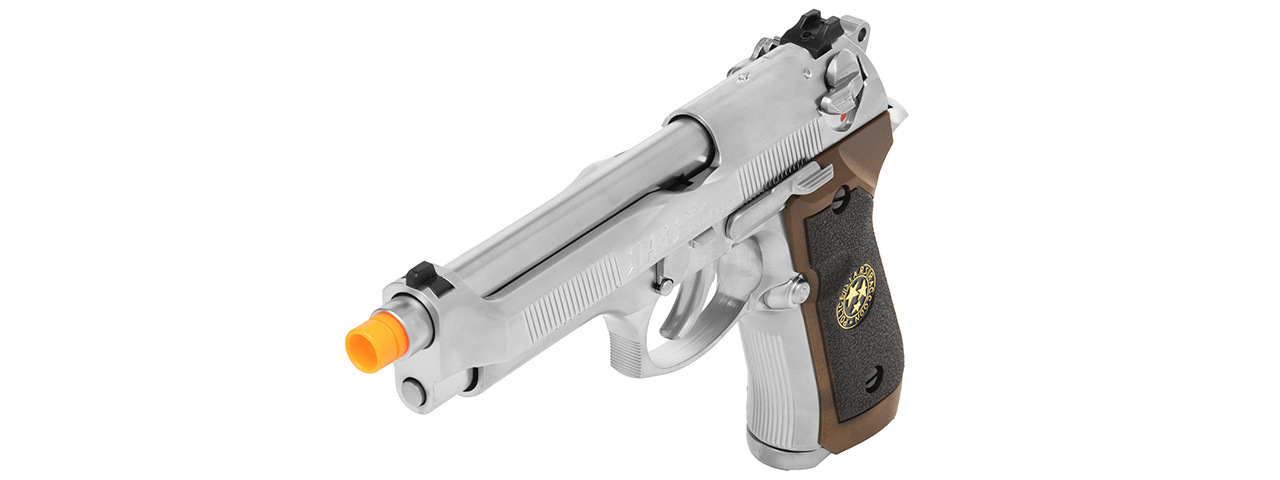 WE Tech RPD Biohazard Samurai Edge M92 GBB Airsoft Pistol (SILVER) - Click Image to Close