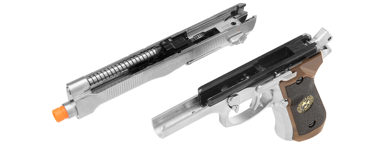 WE Tech RPD Biohazard Samurai Edge M92 GBB Airsoft Pistol (SILVER) - Click Image to Close