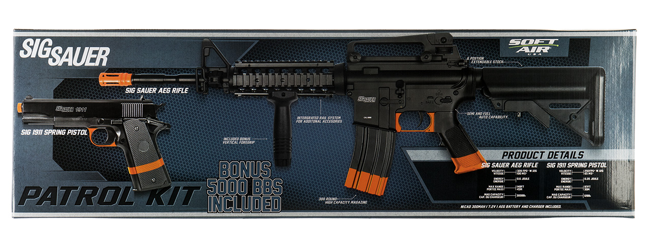 Sig Sauer Patrol Kit w/ Spring Pistol & M4 AEG Airsoft Rifle [5000 BBs Included] (BLACK / ORANGE)