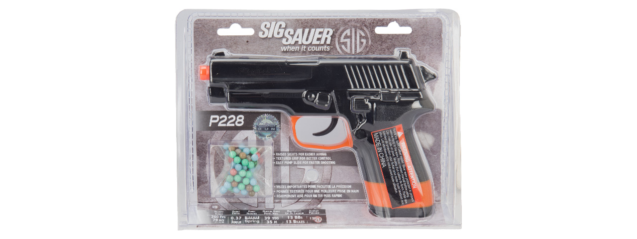 Sig Sauer P228 Spring Airsoft Pistol (BLACK / ORANGE) - Click Image to Close