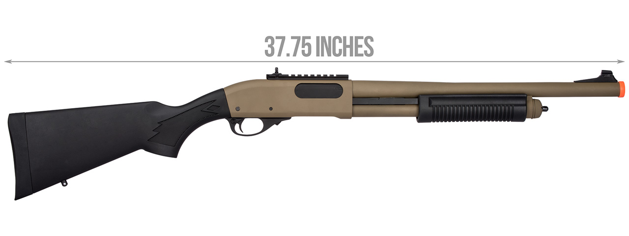 Golden Eagle M870 3/6-Shot Pump Action Gas Airsoft Shotgun (TAN) - Click Image to Close