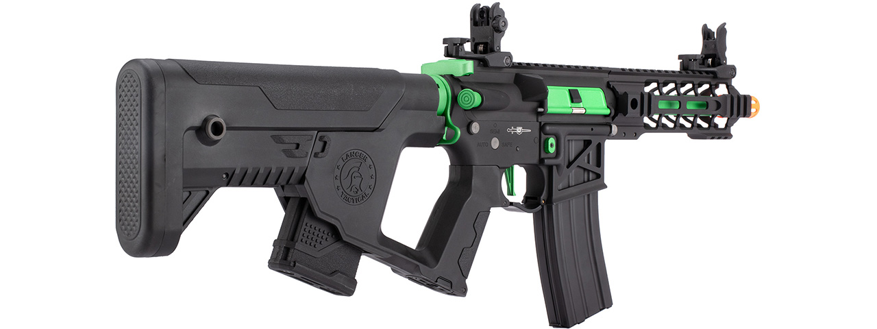 Lancer Tactical Proline Enforcer Battle Hawk 7" Skeleton M4 Airsoft Rifle w/ Alpha Stock (Color: Black / Green) - Click Image to Close