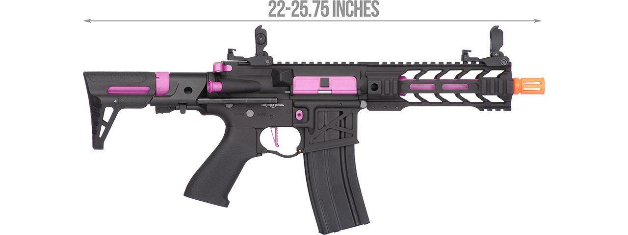 Lancer Tactical Proline Enforcer Battle Hawk 7" Skeleton M4 Airsoft Rifle w/ PDW Stock (Color: Black / Purple) - Click Image to Close