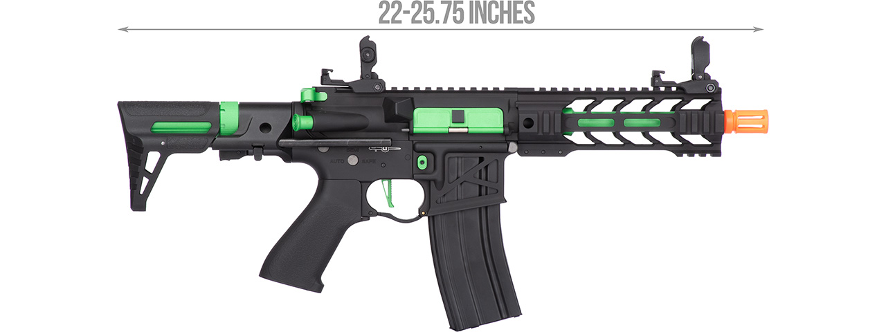 Lancer Tactical Proline Enforcer Battle Hawk 7" Skeleton M4 Airsoft Rifle w/ PDW Stock (Color: Black / Green) - Click Image to Close