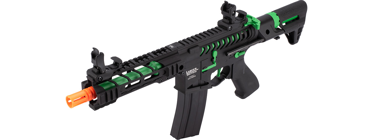 Lancer Tactical Proline Enforcer Battle Hawk 7" Skeleton M4 Airsoft Rifle w/ PDW Stock (Color: Black / Green) - Click Image to Close