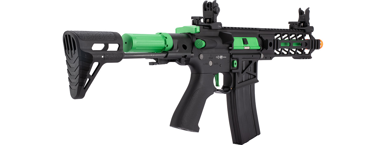 Lancer Tactical Proline Enforcer Battle Hawk 7" Skeleton M4 Airsoft Rifle w/ PDW Stock (Color: Black / Green) - Click Image to Close