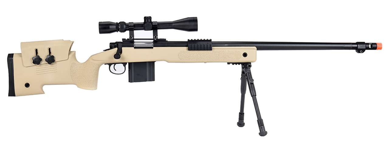 WellFire MB4416 M40A3 Bolt Action Sniper Rifle w/ Scope & Bipod (TAN) - Click Image to Close