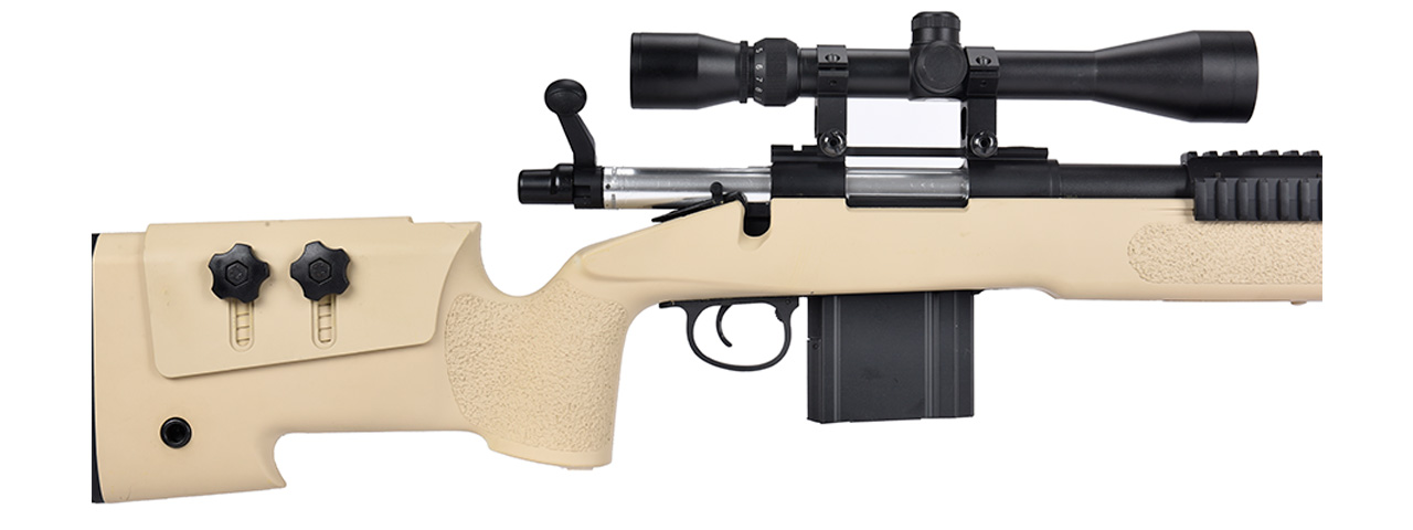 WellFire MB4416 M40A3 Bolt Action Sniper Rifle w/ Scope & Bipod (TAN) - Click Image to Close