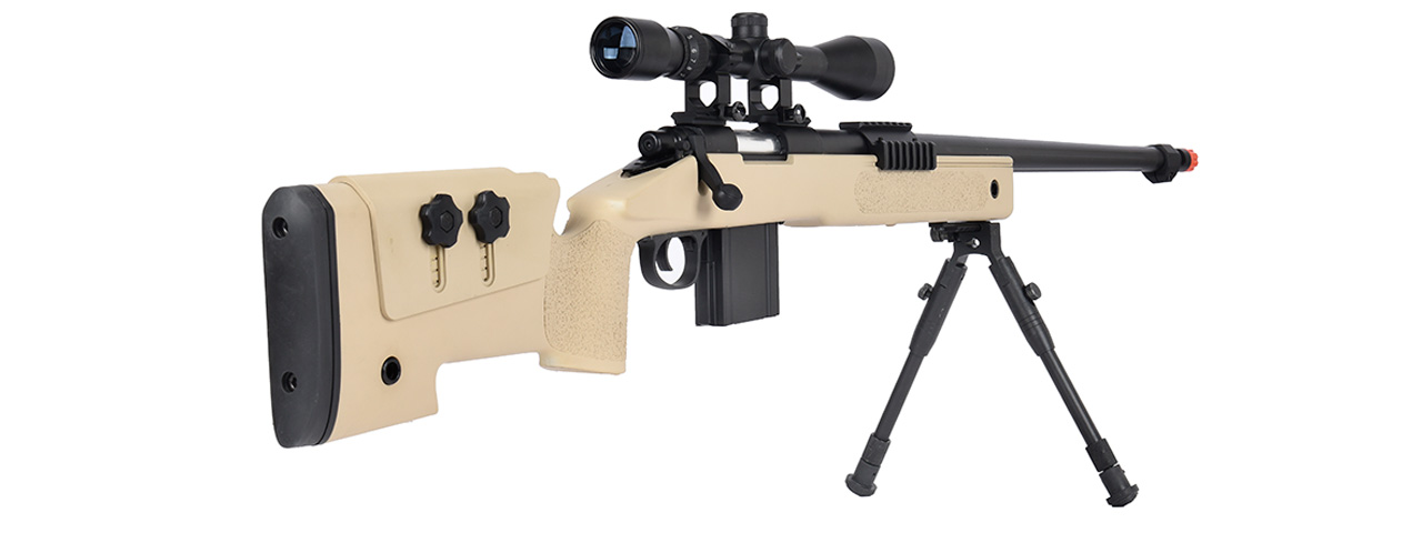 WellFire MB4416 M40A3 Bolt Action Sniper Rifle w/ Scope & Bipod (TAN) - Click Image to Close