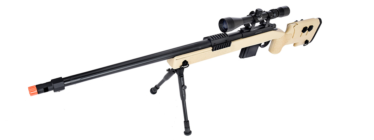 WellFire MB4416 M40A3 Bolt Action Sniper Rifle w/ Scope & Bipod (TAN) - Click Image to Close