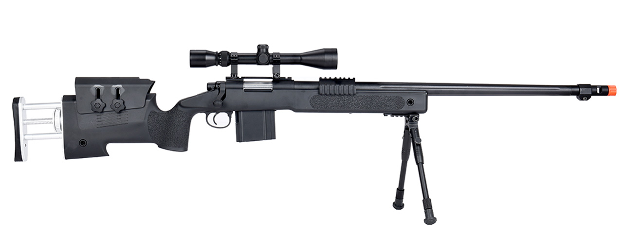 WellFire MB4417 M40A3 Bolt Action Airsoft Sniper Rifle w/ Scope & Bipod (BLACK) - Click Image to Close