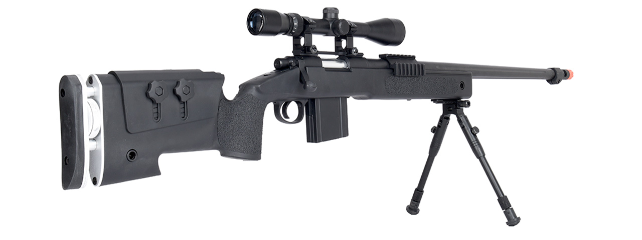 WellFire MB4417 M40A3 Bolt Action Airsoft Sniper Rifle w/ Scope & Bipod (BLACK) - Click Image to Close