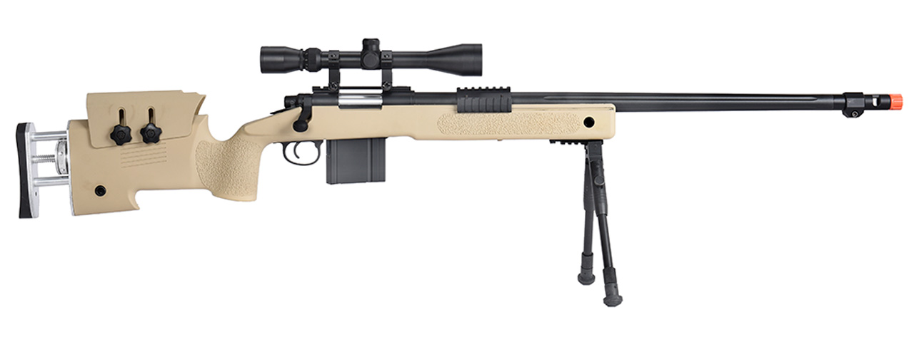 WellFire MB4417 M40A3 Bolt Action Airsoft Sniper Rifle w/ Scope & Bipod (TAN)