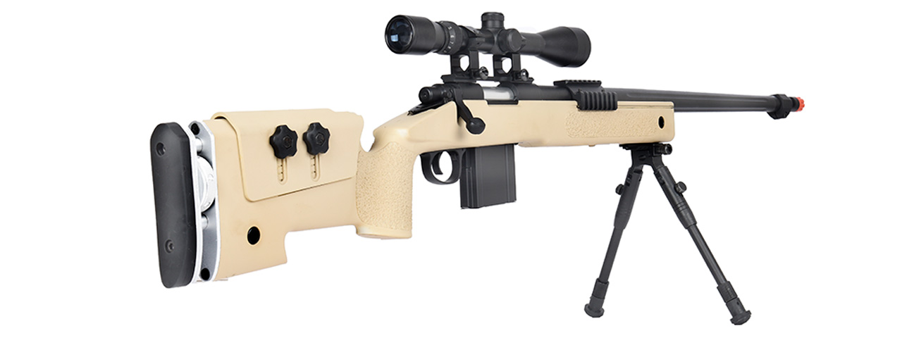 WellFire MB4417 M40A3 Bolt Action Airsoft Sniper Rifle w/ Scope & Bipod (TAN) - Click Image to Close