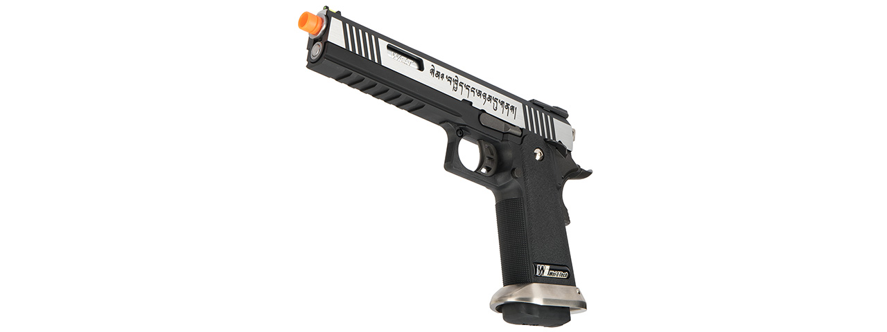 WE Tech 1911 Hi-Capa T-Rex Competition Gas Blowback Airsoft Pistol w/ Sight Mount & Top Ports [Tibetan Version] (TWO TONE / SILVER) - Click Image to Close