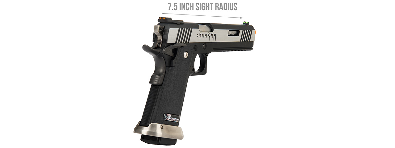 WE Tech 1911 Hi-Capa T-Rex Competition Gas Blowback Airsoft Pistol w/ Sight Mount & Top Ports [Tibetan Version] (TWO TONE / SILVER) - Click Image to Close
