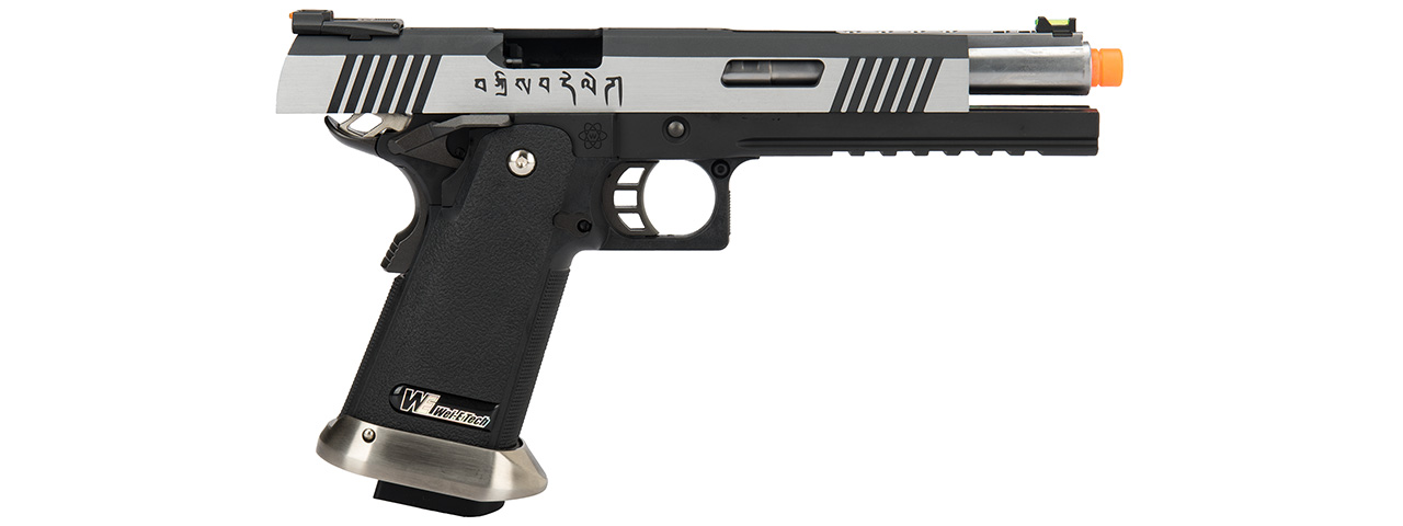 WE Tech 1911 Hi-Capa T-Rex Competition Gas Blowback Airsoft Pistol w/ Sight Mount & Top Ports [Tibetan Version] (TWO TONE / SILVER) - Click Image to Close