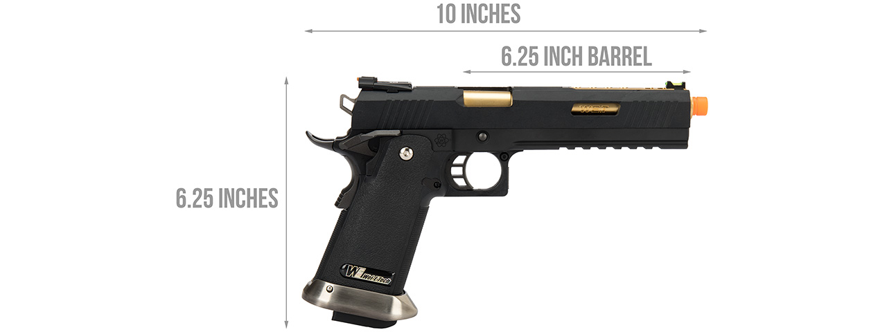 WE Tech 1911 Hi-Capa T-Rex Competition Gas Blowback Airsoft Pistol w/ Sight Mount & Top Ports (BLACK / GOLD) - Click Image to Close