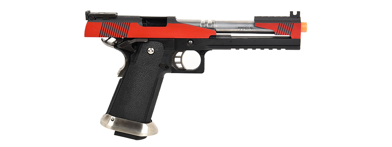 WE Tech 1911 Hi-Capa T-Rex Competition Gas Blowback Airsoft Pistol w/ Top Ports (RED / SILVER) - Click Image to Close