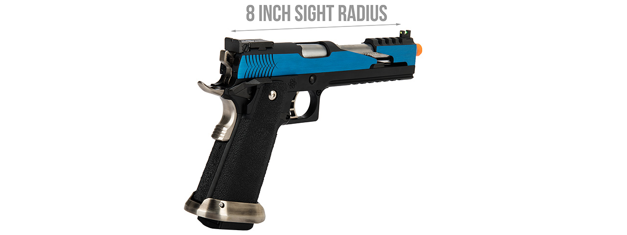 WE Tech 1911 Hi-Capa T-Rex Competition Gas Blowback Airsoft Pistol w/ Top Vent (BLUE / SILVER) - Click Image to Close