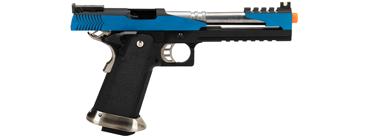 WE Tech 1911 Hi-Capa T-Rex Competition Gas Blowback Airsoft Pistol w/ Top Vent (BLUE / SILVER) - Click Image to Close
