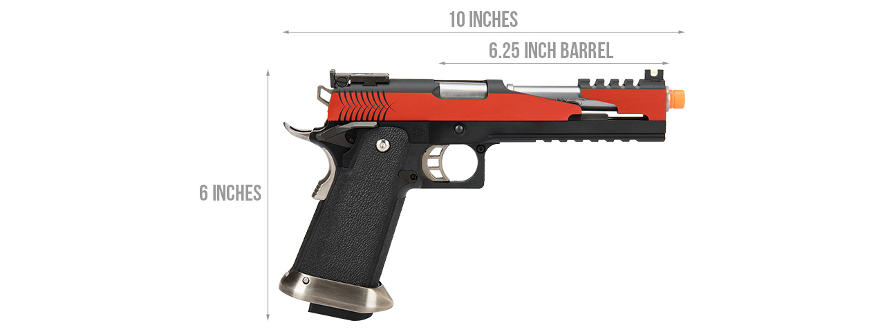WE Tech 1911 Hi-Capa T-Rex Competition Gas Blowback Airsoft Pistol w/ Top Vent (RED / SILVER) - Click Image to Close