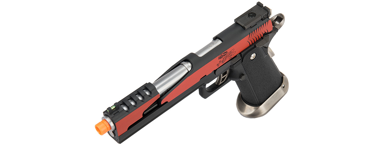 WE Tech 1911 Hi-Capa T-Rex Competition Gas Blowback Airsoft Pistol w/ Top Vent (RED / SILVER) - Click Image to Close