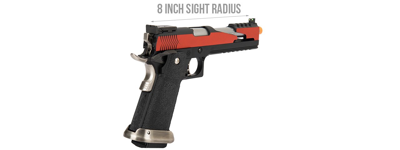 WE Tech 1911 Hi-Capa T-Rex Competition Gas Blowback Airsoft Pistol w/ Top Vent (RED / SILVER) - Click Image to Close