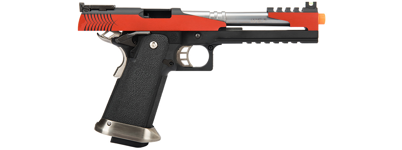 WE Tech 1911 Hi-Capa T-Rex Competition Gas Blowback Airsoft Pistol w/ Top Vent (RED / SILVER) - Click Image to Close