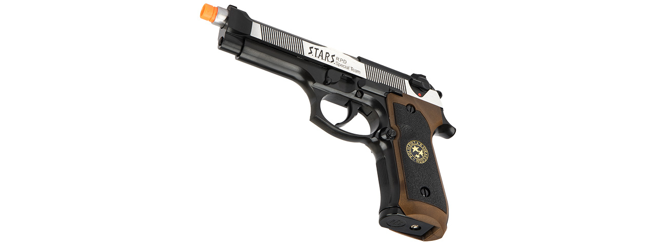 WE Tech M9 Samurai Edge Biohazard Gas Blowback Airsoft Pistol [Full/Semi Auto] - (BLACK/BROWN/SILVER) - Click Image to Close